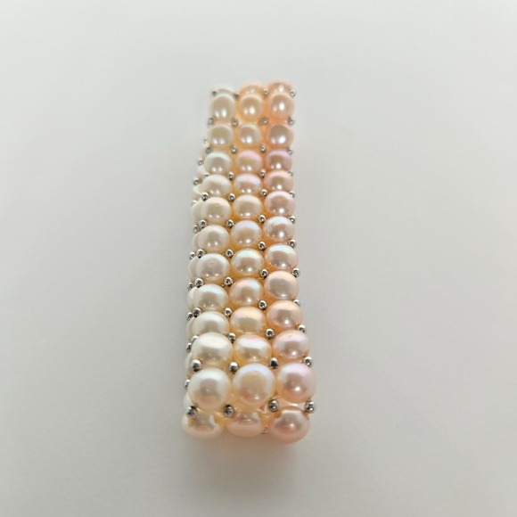 Three‎ Strand Freshwater Multi-Color Button Pearl Stretch Bracelet w/ Sterling - Picture 8 of 10